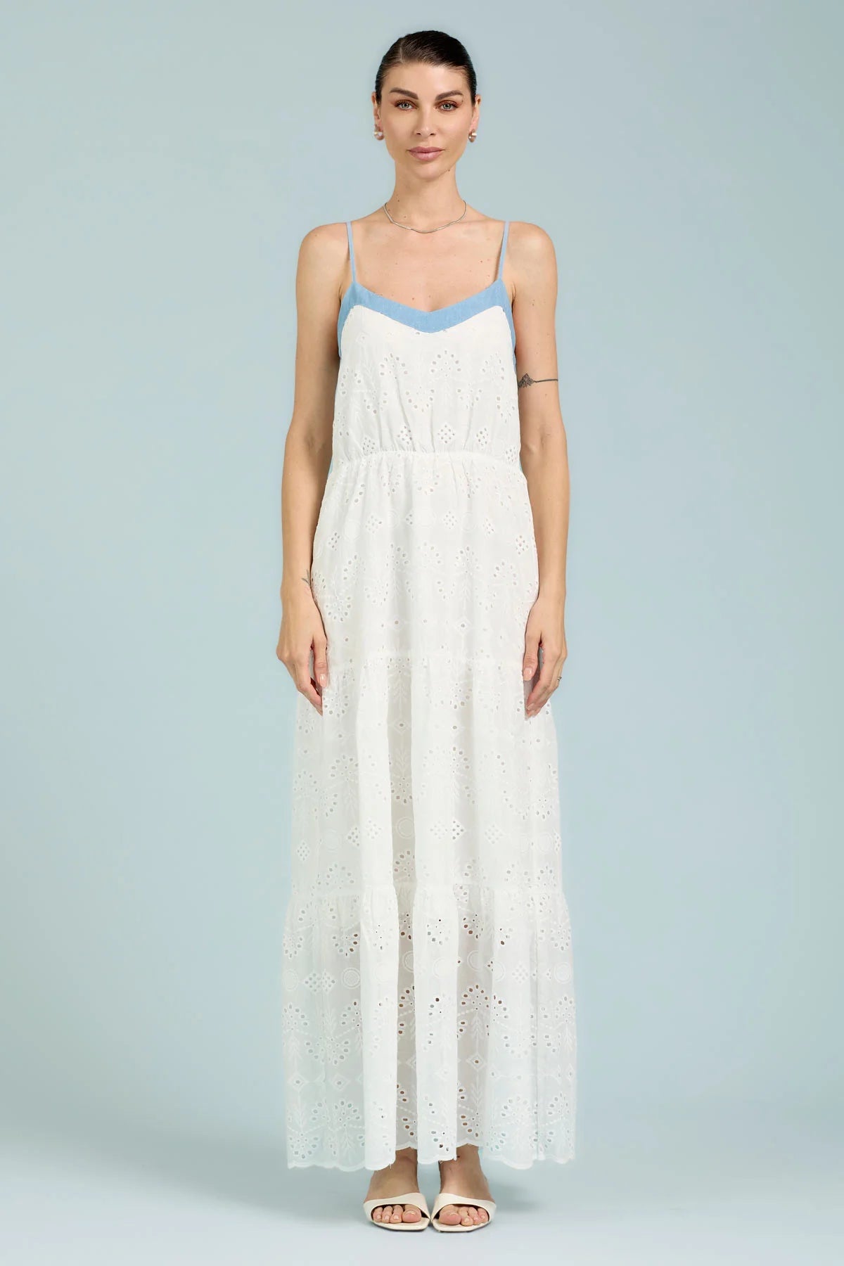 Vestito San Gallo Lungo con Inserti in Denim Take Two - Bianco