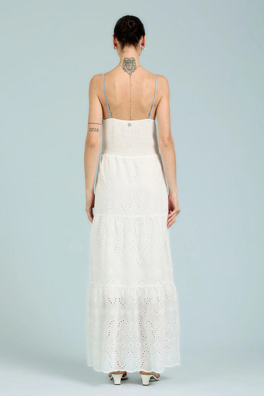 Vestito Sangallo Lungo con Inserti in Denim Take Two - Bianco