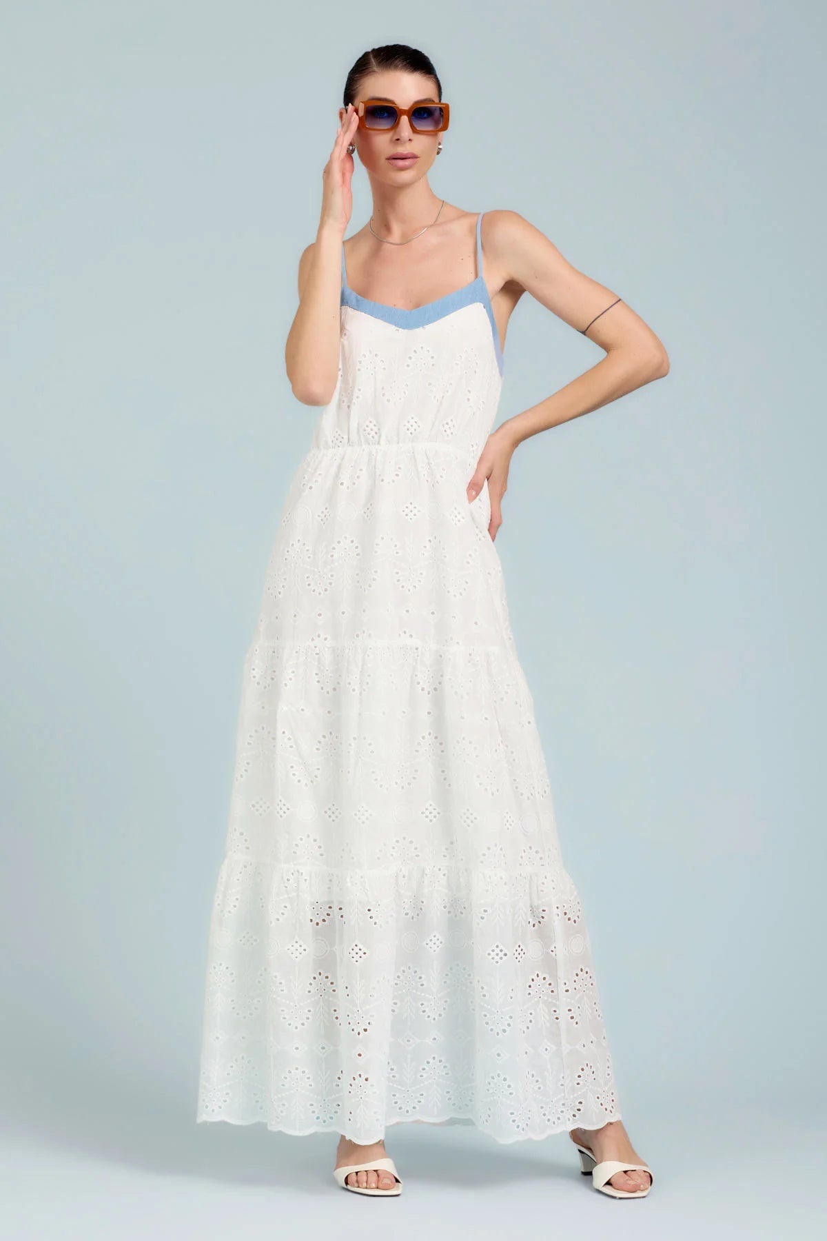 Vestito San Gallo Lungo con Inserti in Denim Take Two - Bianco