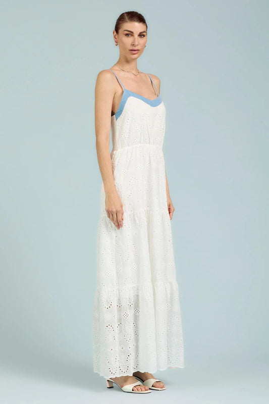 Vestito Sangallo Lungo con Inserti in Denim Take Two - Bianco